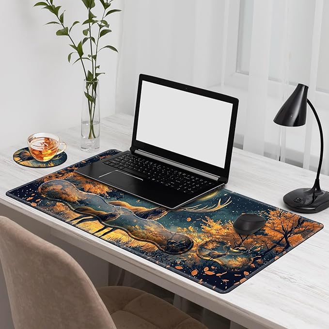 Gaming Mouse Pad Set, Moon Forest Elk Large Desk Mat Mousepad, Keyboard Wrist Support, Mouse Wrist Rest, Coaster 4in1 Ergonomic Memory Foam, Non-Slip Stitched Edge for Home Office