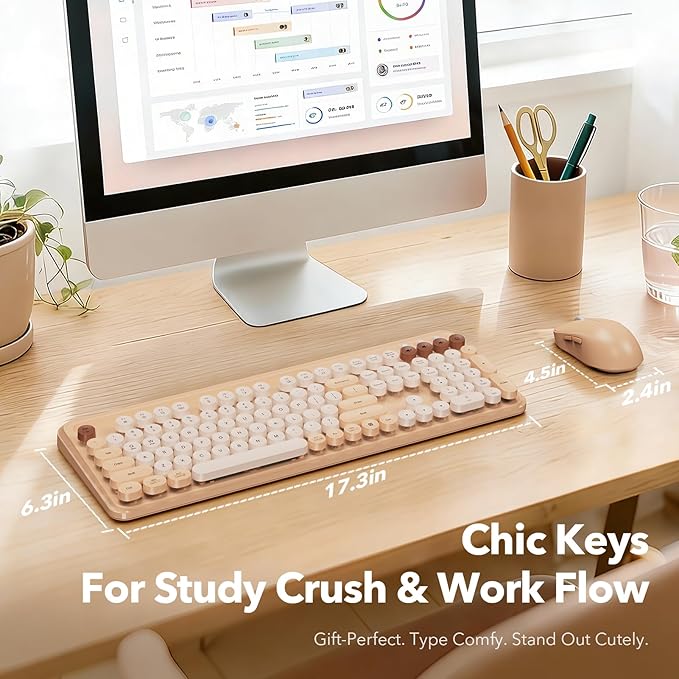 Wireless Keyboard and Mouse Combo with Retro Round Keycaps, Full-Size Cute Typewriter Keyboard with Large Phone/Tablet Holder, 2.4GHz Cordless for Mac, Windows PC, Laptop, Trueque CK13, Milk Tea Beige