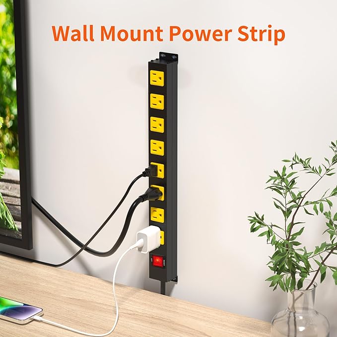 8 Outlet Long Power Strip, 2Pack 2100J Surge Protector Heavy Duty 6FT Cord Wide Spaced and Wall Mount Metal Powerstrip for Home Office Garage Workshop