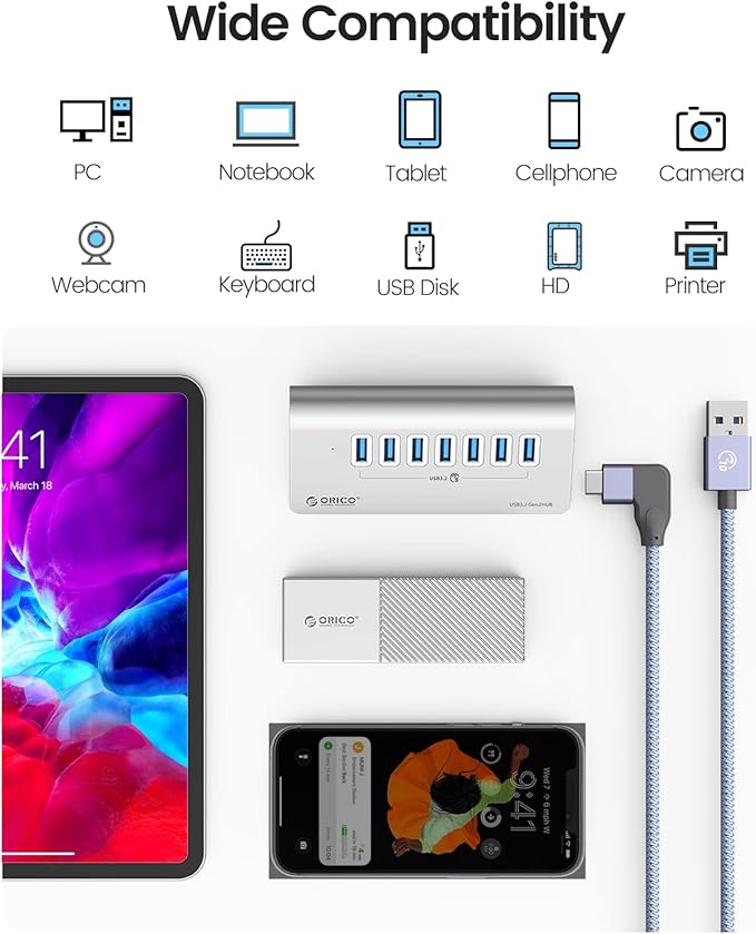 ORICO USB 3.2 Hub 10Gbps with 7 USB A Ports, USB 3.2 Gen 2 Hub with 3.28Ft USB-A to USB-C Cable, Desk USB Splitter for MacBook, Mac Pro/Mini, iMac, Surface Pro Laptop/PC