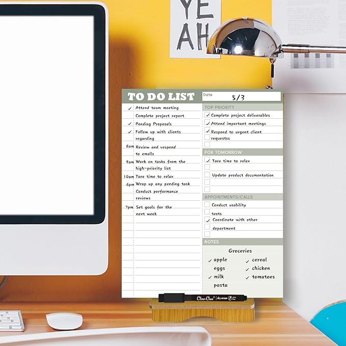 Dry Erase Desk Planning Board - Reusable Desktop Daily Planning Board, Work To-do List - 11"x8.5" Tabletop Dry Erase Board with Stand - Marker Included
