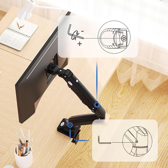 MEASUREMAN Premium Gas Spring Monitor Desk Mount, Full Motion Articulating Single Arm for Ergonomic Height Adjustment | Fits 17 to 35 Inch Screens up to 22 lbs, VESA 75x75 & 100x100mm