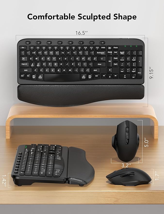 Wireless Keyboard and Mouse Combo – Ergonomic Wave Key, Built-in Leather Soft Palm Rest, 2.4G Full Size, 6-Button Mouse with 4-Level DPI, Dual USB-A/USB-C, MA12 for Windows & macOS Compatible- SABLUTE