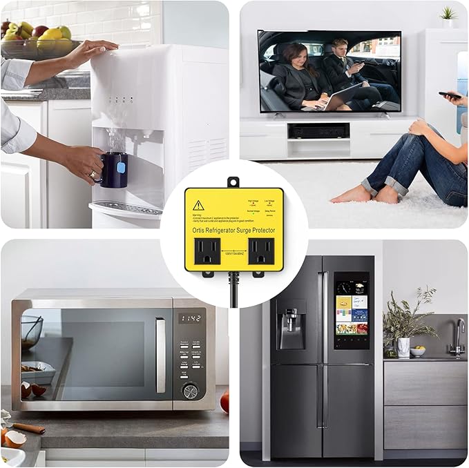 Refrigerator Surge Protector, Ortis Double Outlet Voltage Protector for Home Appliances with Time Delay, Protects Against Brownout, Spike, Instant Surge All Voltage Abnormalities, Yellow