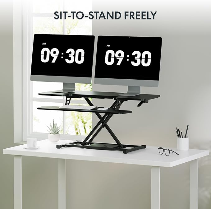 FLEXISPOT 42 inch Desk Converter Height Adjustable Riser Sit to Stand Dual Monitor and Laptop Workstation with Wide Keyboard Tray