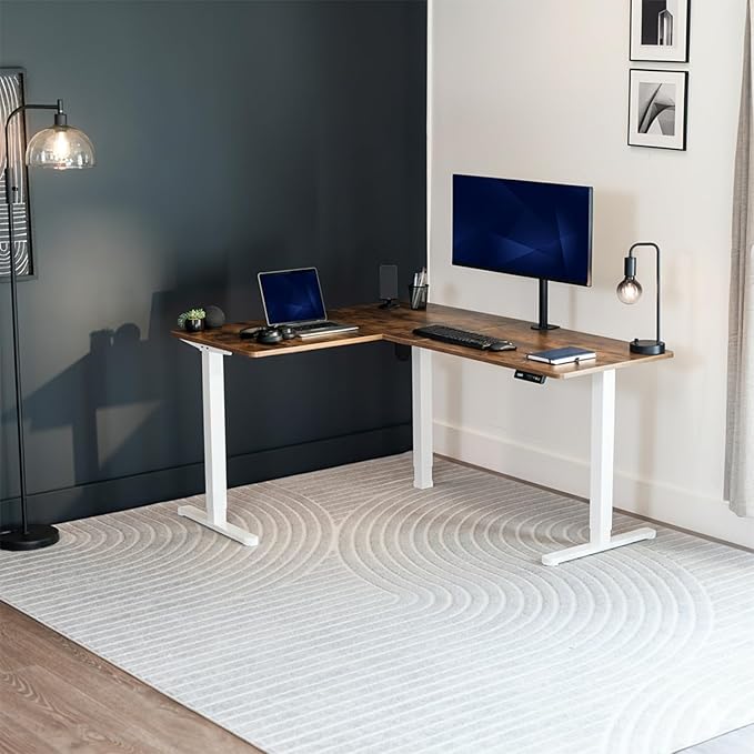 VIVO Space Efficient Electric Single Motor Height Adjustable 3-Leg Corner Standing Desk Frame, Holds up to 225 lbs, Sit Stand L-Shaped Motorized Legs Only, White, DESK-E347W