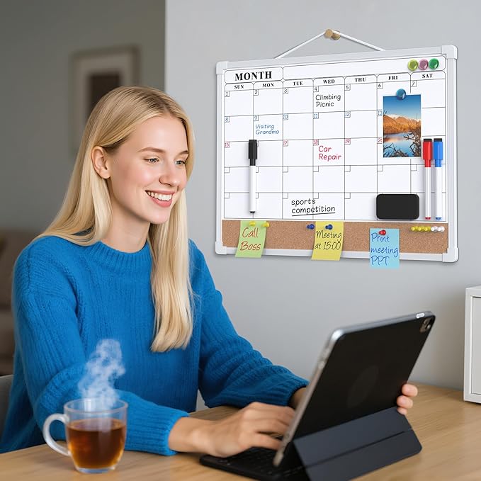 MaxGear Monthly Calendar Whiteboard Dry Erase Cork Board for Wall, 16"x12" Double-Sided Dry Erase White Board Calendar with Bulletin Board, Hanging Dry Erase Board for Office, Home, School