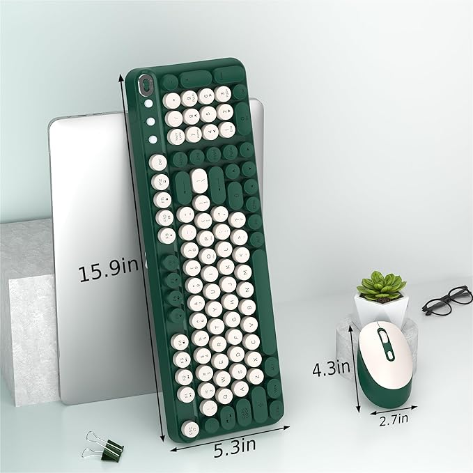 Wireless Keyboard and Mouse Combo, Full-Size Retro Typewriter Keyboard Style, 2.4GHz USB Receiver, Plug-and-Play, Keyboard Mouse Set for Computer, Laptop, Windows, Mac, and PC (Green)