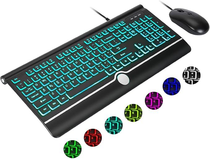 Wired Keyboard and Mouse Combo, Backlit Computer Keyboards with Wrist Rest, Light Up Keyboard Easy to See, 7-Color Backlit Keyboard and Optical Mouse for Windows, PC, Laptop, USB Plug and Play