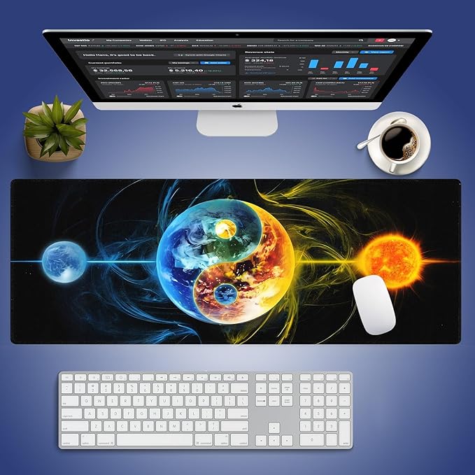 Extra Large Gaming & Office Mouse Pad (31.5" x 11.8") with Durable Stitched Edges – Abstract Yin Yang of Celestial Bodies Yellow Fire and Blue Ice Design, Anti-Slip Extended XXL Desk Mat