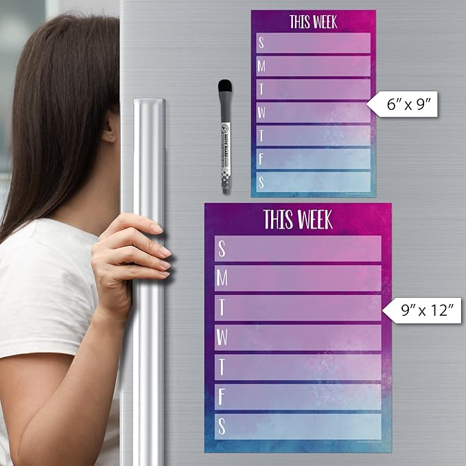 Dry Erase Weekly Calendar Planner Sticker Decal | Removable & Reusable | Magnetic Fine-Tip Marker Included (9 x 12 inches, Watercolor)