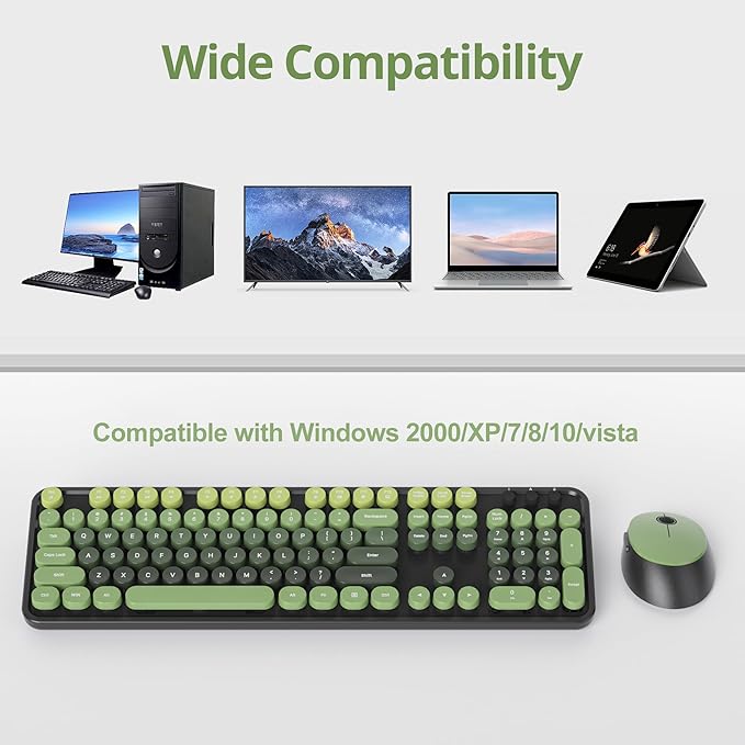 Black Green Keyboard and Mouse Combo Wireless, 2.4G Full Size 104-Key Retro Typewriter Keyboards Round Keys for Students Teenagers Home Office PC Laptop(Dark Green)