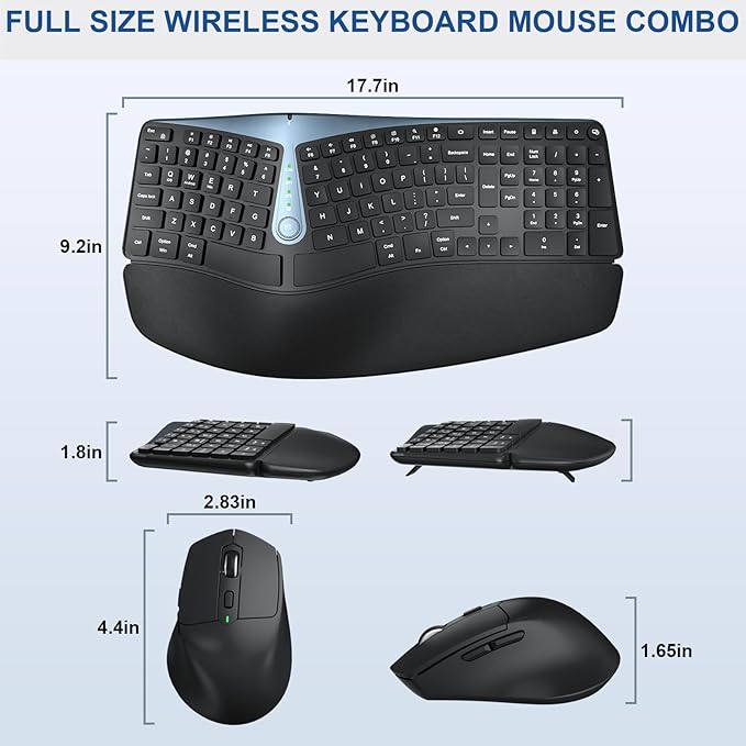 Ergonomic Wireless Keyboard and Mouse, MK835 Ergo Bluetooth/2.4G Split Design Keyboard Mouse Combo with Cushioned Palm Rest, Multi-Device, Wave Keys, Rechargeable, for Windows/Mac/Android
