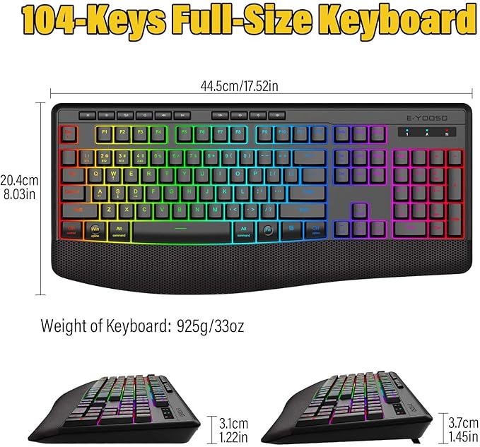 E-YOOSO Wireless Bluethooth Silent Backlit Gaming Keyboard,Tri-Mode BT5.0/2.4GHz/Wired,8 RGB Light up,Ergonomic,USB C Rechargeable,for Typing/Office/Home/PC Computer/Mac/Laptop/IPad/Xbox/PS5