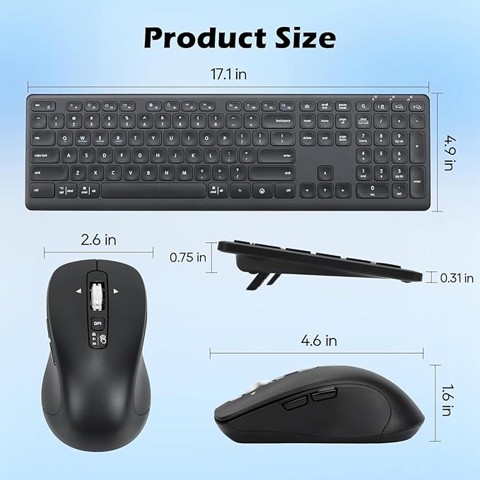 Wireless Keyboard Mouse Combo, Scissor-Switch Keys, 2-in-1 USB Receiver and Two Bluetooth, Multi Device Silent Design for Computer, Laptop, MacBook and iPad (Pure Black)