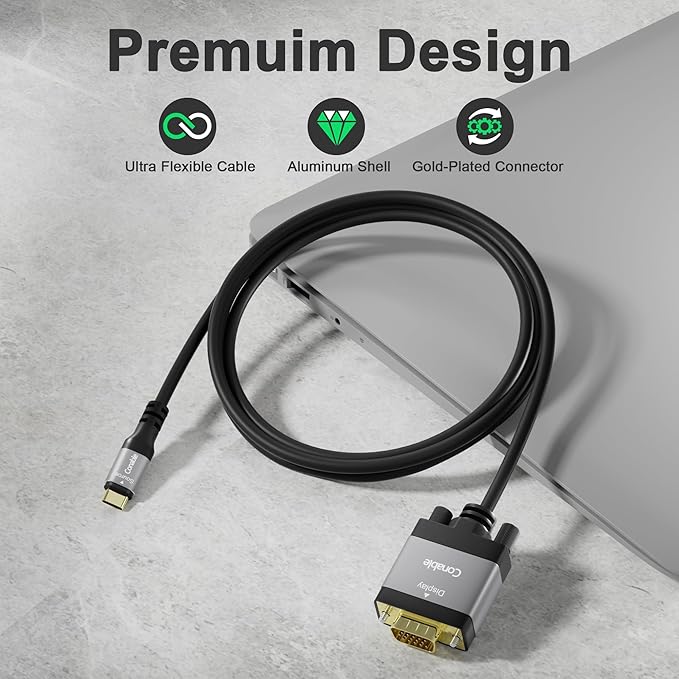 USB C to VGA Cable 20 FT, USB Type-C to VGA Adapter Cord, (Thunderbolt 3/4) Compatible with iPhone 17/16/15 Series, MacBook Pro/Air, iPad Pro, iMac, Galaxy S24, XPS, Surface Book 3 and More, Black