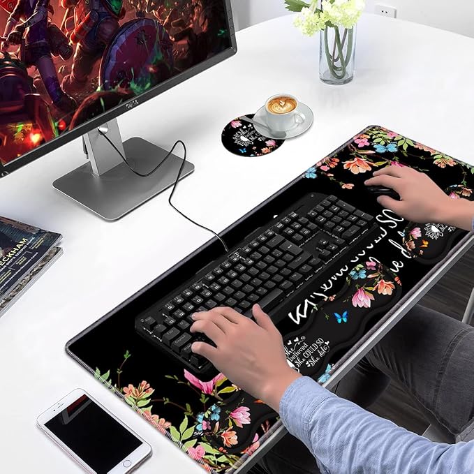 Ergonomic Keyboard Wrist Rest & Mouse Pad Wrist Rest Set, Large Gaming Desk Mat 31.5"x 11.8" with Memory Foam, Easy Typing Pain Relief for Home & Office, Floral Quote She Believed She Could So She Did