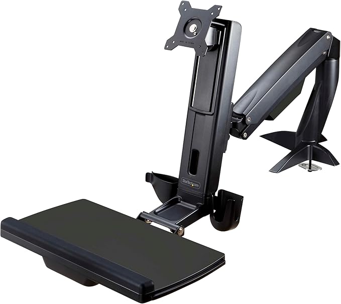 StarTech.com Sit Stand Monitor Arm - Desk Mount Adjustable Sit-Stand Workstation Arm for Single 27" VESA Mount Display - Ergonomic Articulating Standing Desk Converter with Keyboard Tray, TAA