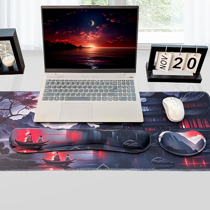 3-in-1 Large Gaming Mouse Pad, Anime Mouse Pad & Keyboard Wrist Rest Support, Memory Foam Ergonomic, Japanese Red Moon Desk Mat Set for Home Office Study Game, 31.5 X 11.8 Inch