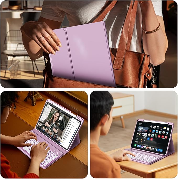 for iPad (A16) 11th Generation 2025 11-inch/10th Generation 2022 10.9 inch with Keyboard, 7 Colors Backlit Square Keycaps, Detachable Wireless Bluetooth Keyboard Case with Pencil Holder, Purple