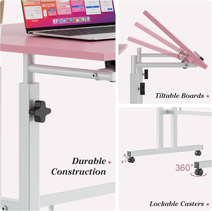 VECELO Small Mobile Standing Desk 24 Inch, Adjustable Height Portable Stand Up Desk with Wheels Computer Workstations, Rolling Laptop Cart, Pink