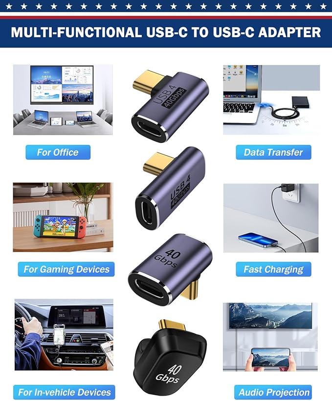 4 Mixed USB C Adapter USB 4.0/Thunderbolt 4 with 100W 40Gbps 90/180 Degree Right Angle, U Shape Connector Extender for Mobile Phone, Switch, Steam Deck, Tablet, Laptop (5 Set-20pcs)