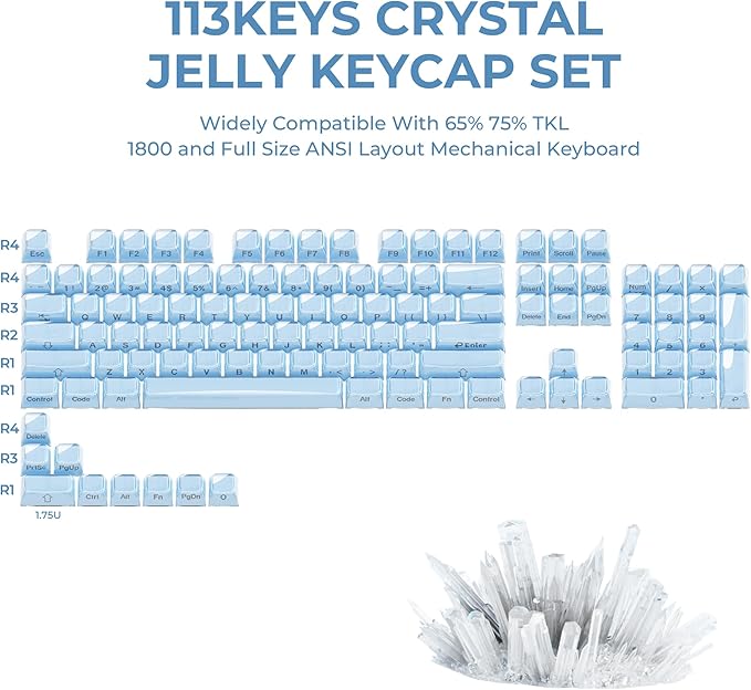 XVX Blue Keycaps, Crystal Jelly Keyboard Keycaps OEM Profile Side Printed Keycap Set Compatible with 61/68/84/87/98/100 ANSI Layout MX Switches Mechanical Keyboard