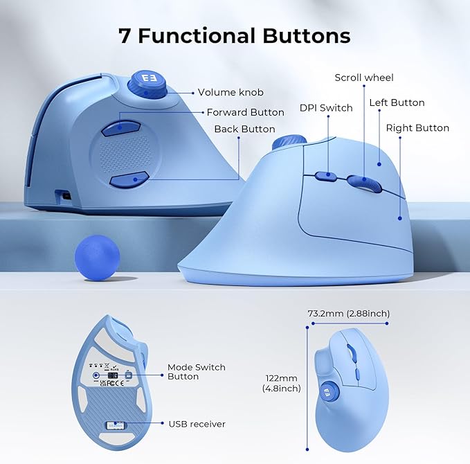 seenda Ergonomic Mouse Wireless, MOU-302 Bluetooth Vertical Mouse Rechargeable, Optical Mice with 1000/1600/2400 DPI, Volume Knob, 3 Multi-Device Connectivity for Computer/PC/Laptop/Mac, Blue