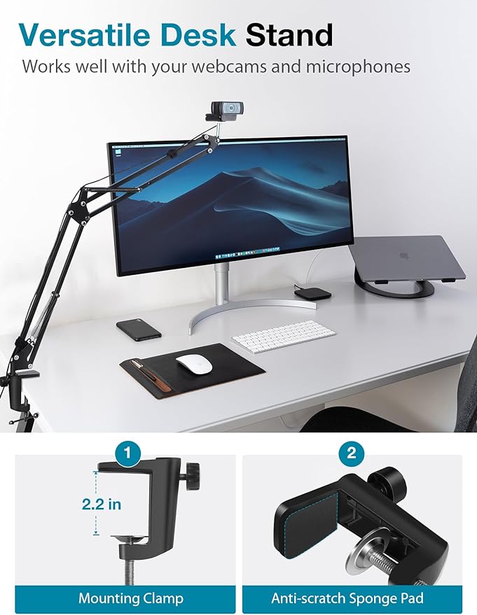 InnoGear Webcam Stand, Boom Arm Mount Stand for Logitech Webcam BRIO 4K C920 C920S C922 C922x C925e C930 NexiGo N60, 1/4"-3/8" and 3/8"-5/8" Screw for Blue Yeti Snowball Yeti Nano and Other Mics