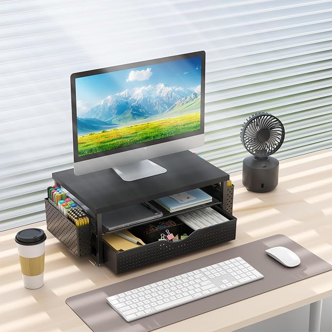 gianotter Wood Monitor Stand Riser, Office Desk Shelf Organizer, Desk Organizer with Drawer and Pen Holder, 2-Tier Computer Stand, Office Organization (Ink)