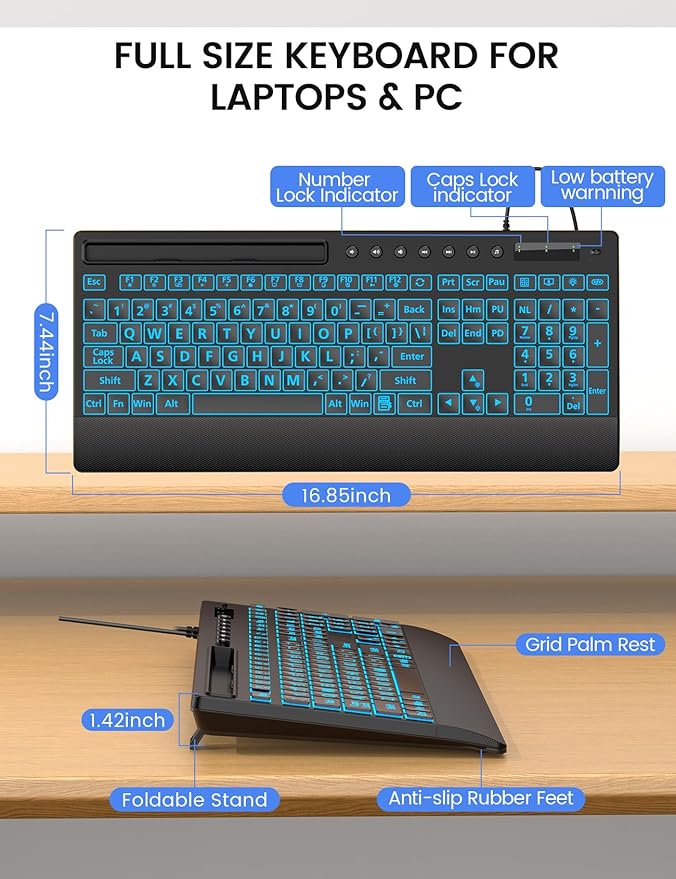 SABLUTE K31PRO Wired Keyboard with Large Print, Backlight Memory Function, Light up Computer Keyboards with Phone Holder & Wrist Rest, Quiet Keyboards for PC Laptop