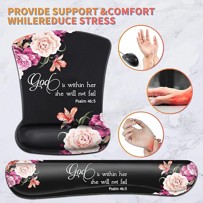 Keyboard Wrist Rest Pad and Ergonomic Mouse Pad Wrist Support Set Psalm 46:5 God is Within Her, She Will Not Fall Peony Flower for Gaming , Office, Comfortable and Pain Relief with Coaster Set