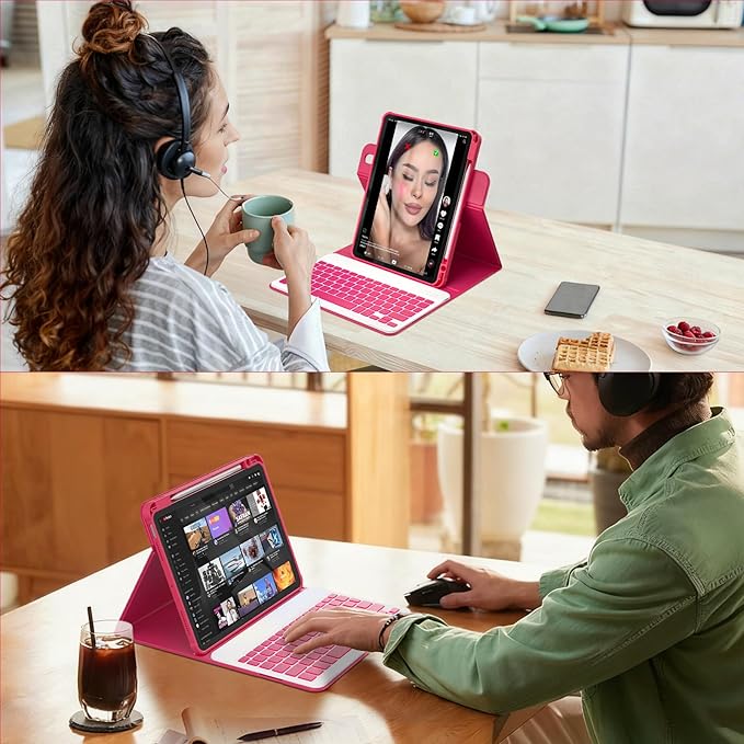 YBING for iPad A16 Case with Keyboard /11th Gen (2025) & iPad 10th Gen 10.9” (2022), 7-Color Backlit Detachable Keypad, 360° Rotating Magnetic Cover with Pencil Holder (Watermelon Red)