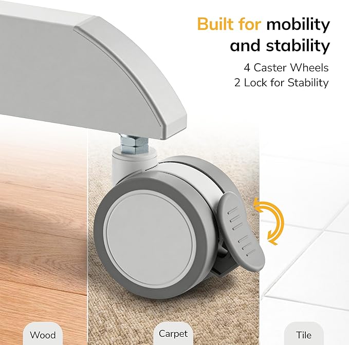 Mount-It! Height Adjustable Rolling Laptop Desk with Keyboard Tray, Mobile Sit-Stand Computer Cart with Wheels, Small Standing Desk for Home, Office, or Classroom, 23.6" x 20.5", White