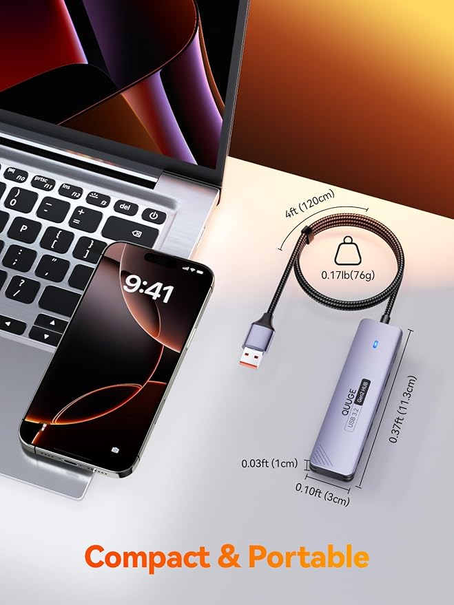 USB 3.2 Hub, QUUGE 5-in-1 USB Splitter with 2 USB-A & 2 USB-C 10Gbps, USB Multiport Adapter with A to C Adapter, 120cm Nylon Cable, 5V 2A Type-C Power Port for MacBook iMac Laptop PC Flash Drives HDD