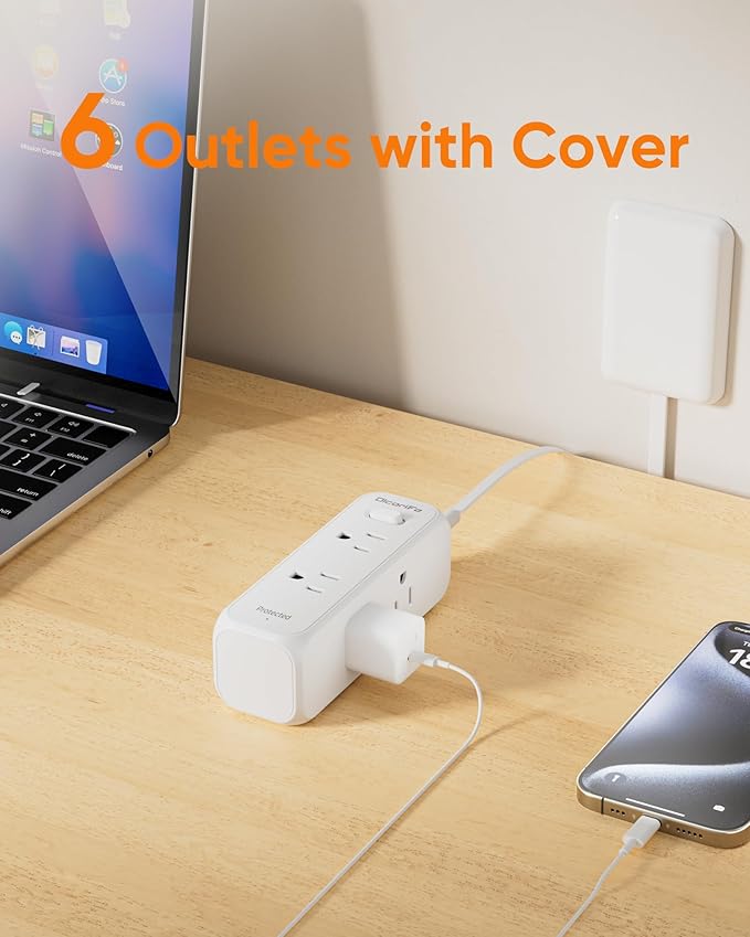 Flat Outlet Extender with Cover, Flat Plug Power Strip with 6 AC Outlets, 2000 Joules Surge Protector, 3FT Flat Extension Cord, Home Office Travel Dorm Room Essentials