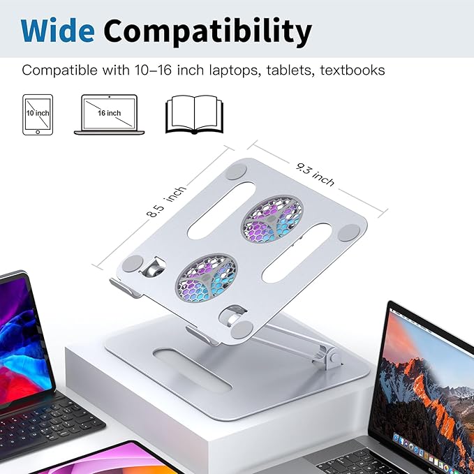 Adjustable Laptop Cooling Stand with 2 Quiet Fans & RGB Lighting, Aluminum Alloy & Foldable Ergonomic Design for MacBook, Lenovo, ASUS, Dell 10-16 Inch, Perfect for Gaming, DJ, Office - Silver