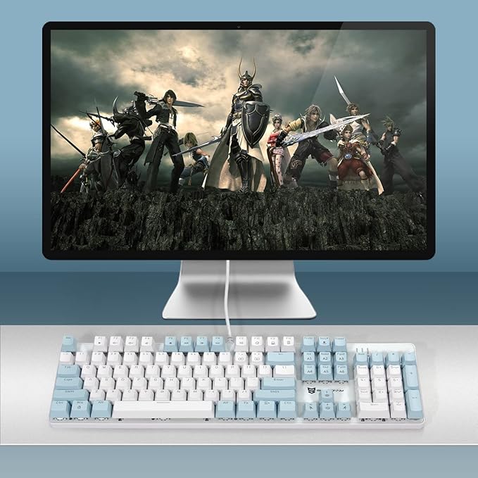 104 Keys US Layout Wired Mechanical PC Gaming Keyboard | White LED Backlit Hot Swappable Brown Switch Full Size Mechanical Keyboard | Blue & White Keycaps Wired Gaming Computer Keyboards