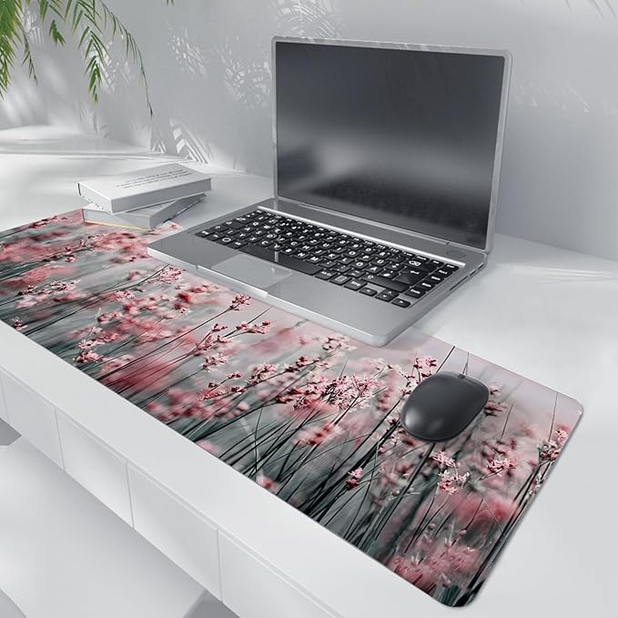 Pink Lavender Floral Mouse Pad,XL Large Spring Summer Meadow Mouse Pads,Aesthetic Cottagecore Flower Desk Mat,Impressionist Botanical Grass for Home Office Dorm Desktop Decor,31.5x11.8 Inch