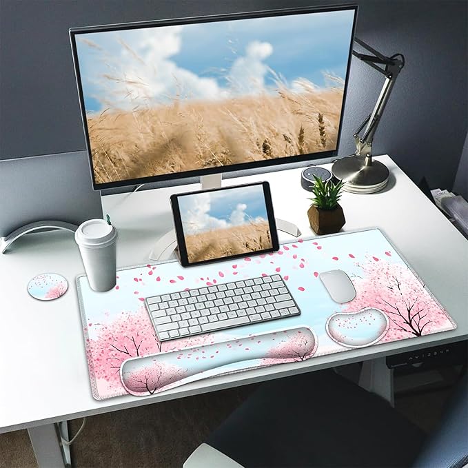 Large Mouse pad and Keyboard Support Set, Ergonomic Memory Foam Keyboard Wrist Rest, Extended Gaming Mouse Pad with Stitched Edges, Sakura Cherry Tree XXL Desk Mat (31.5 X 11.8 in)