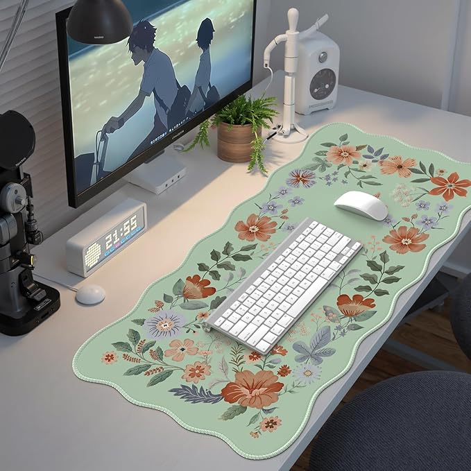 iCasso Large Mouse Pad, Scalloped Desk Matt for Desktop, Anti-Slip Big Mousepad with Stitched Edges, Floral Desk Mat for Keyboard and Mouse for Computer(Light Green)