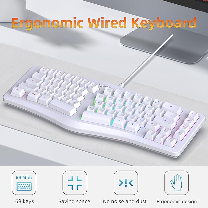 HXMJ-Wired Ergonomic Gaming Keyboard,Mechanical Feel,Detachable USB Cable,69 Keys,RGB Backlit-White
