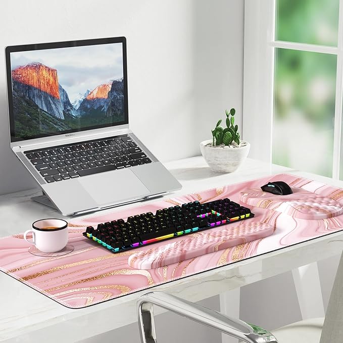 Pink Desk Mat, Desk Mat for Mouse, Computer Mats, Rose Gold Mouse Pad and Keyboard Wrist Rest, Memory Foam Wrist Rest for Mouse (Rose Gold Pink)