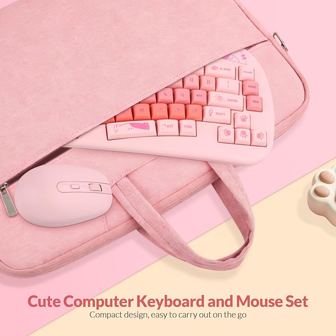 Cute Cat Keyboard and Mouse Wireless, Cat Theme, Silent Keys, Pinkish Colors, Ergnomic Split Keyboard and Optical Mouse with 2.4G USB Receiver, for Windows/Mac/PC/Laptop
