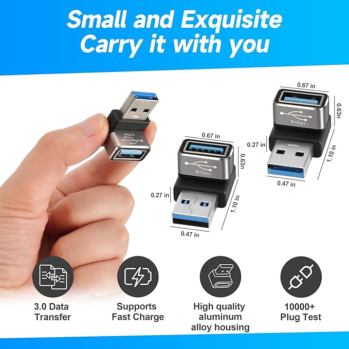 90 Degree USB 3.0 Adapter 4 Pack, (Up and Down) Right Angle USB Type-A Male to Female USB L Shape On The Go (OTG) Connector Extender Support Charge & Data Sync (5Gbps) for PC, Laptop, Mouse, Keyboard