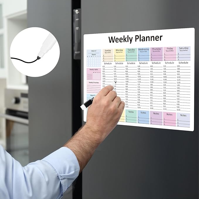 Weekly Hourly Planner Dry Erase Magnetic Whiteboard-Daily Weekly Weekly Planner and Hourly Schedule Checklist-Weekly To Do List Organize Your Daily Work Efficiently