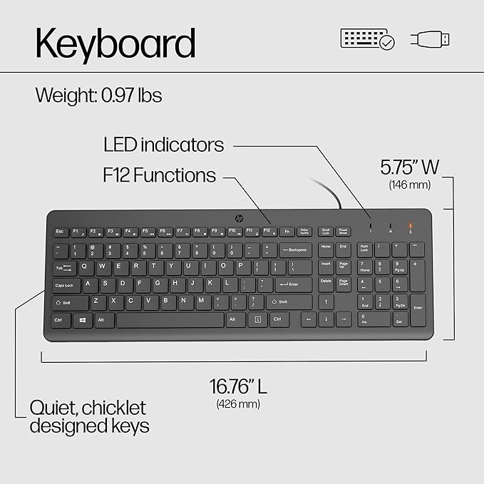 HP 150 Wired Keyboard with Numeric Keypad - Silent-Touch Chiclet Keyboard - Ergonomic, Comfortable - USB Plug-and-Connectivity, LED Indicators (664R5AA, Black) (Pack of 10)