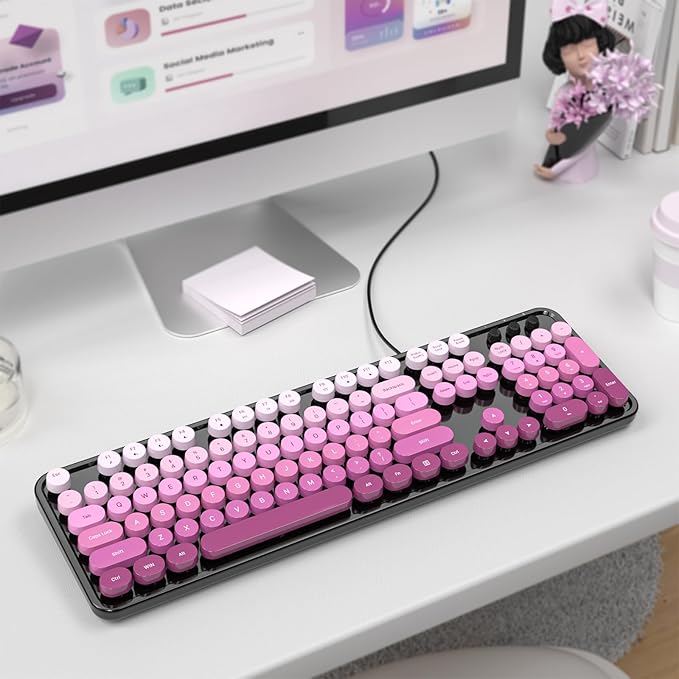 Computer Keyboard Wired, Plug and Play USB Retro Round Typewriter Keyboard, Full Size Wired Keyboard with Foldable Stands for Laptop and Office PC- Black Pink Gradient