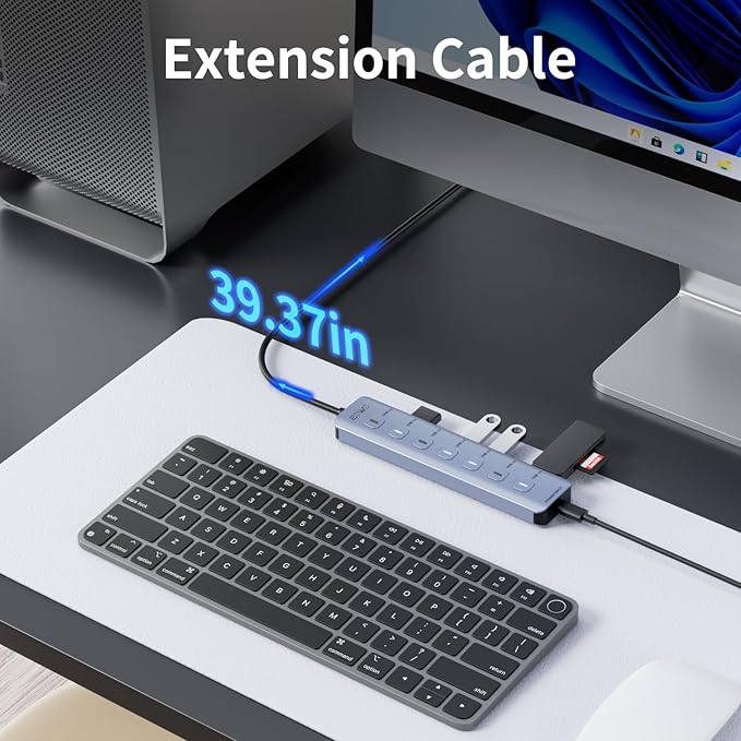 3.3Ft USB Hub 3.0, JESWO 7-Port Aluminum USB 3.0 Hub, USB Splitter with 5V 3A Type-C Port, Suitable for PC, Laptop, MacBook Pro, etc.