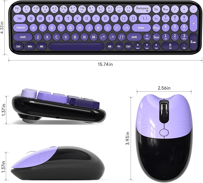 Wireless Keyboard and Mouse Combo, MOWUX Compact Typewriter Retro Round Computer Keyboard, Cute Optical Mouse Wireless, Plug and Play, for Laptop, PC, Computer- Black Purple Gradient